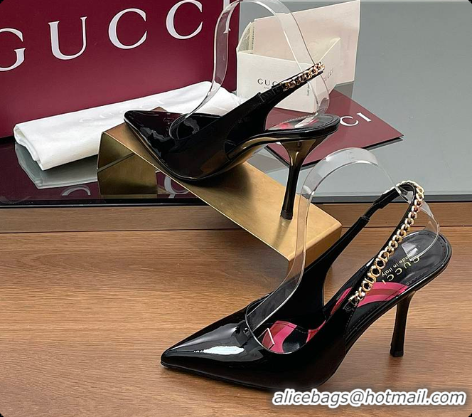 Top Grade Gucci Signoria Slingback Pump Black Patent Leather 10.5cm 60701407