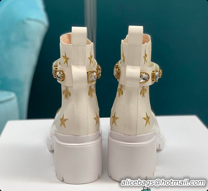 Top Grade Gucci Embroidered Leather Ankle Boots In White 60701411