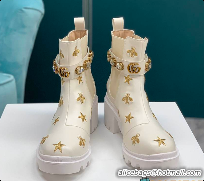 Top Grade Gucci Embroidered Leather Ankle Boots In White 60701411