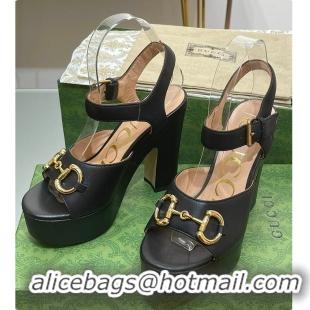 Buy Discount Gucci Horsebit Leather Height 12cm Platform Sandals Black 60701504