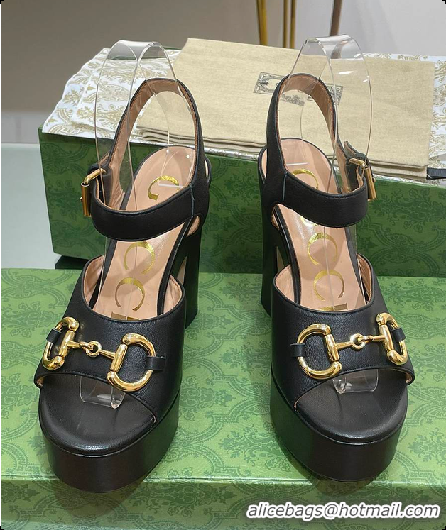 Buy Discount Gucci Horsebit Leather Height 12cm Platform Sandals Black 60701504