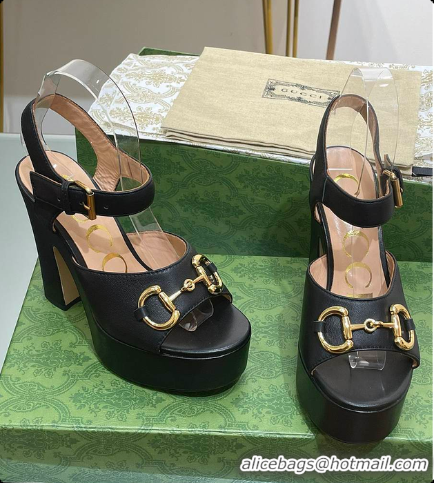 Buy Discount Gucci Horsebit Leather Height 12cm Platform Sandals Black 60701504