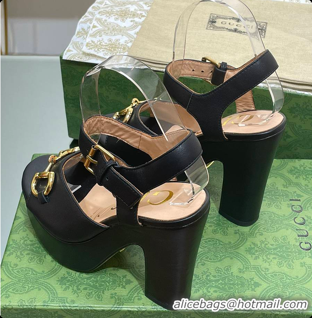 Buy Discount Gucci Horsebit Leather Height 12cm Platform Sandals Black 60701504