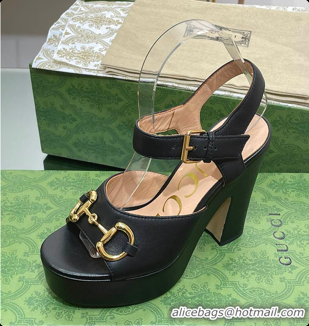Buy Discount Gucci Horsebit Leather Height 12cm Platform Sandals Black 60701504