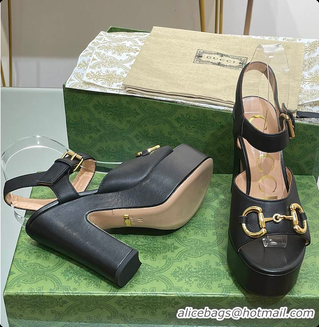 Buy Discount Gucci Horsebit Leather Height 12cm Platform Sandals Black 60701504