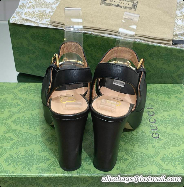 Buy Discount Gucci Horsebit Leather Height 12cm Platform Sandals Black 60701504