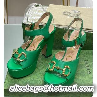 Luxurious Gucci Horsebit Leather Platform Sandals Green 60701504