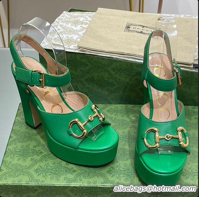 Luxurious Gucci Horsebit Leather Platform Sandals Green 60701504