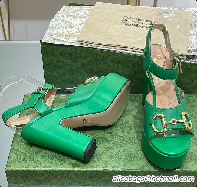 Luxurious Gucci Horsebit Leather Platform Sandals Green 60701504