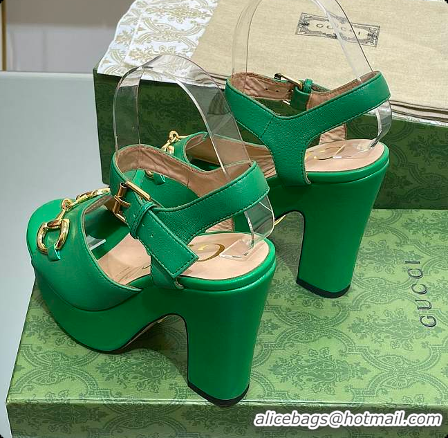 Luxurious Gucci Horsebit Leather Platform Sandals Green 60701504