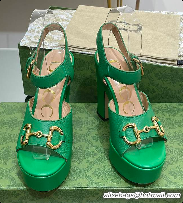 Luxurious Gucci Horsebit Leather Platform Sandals Green 60701504