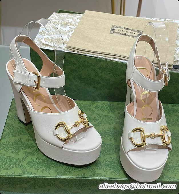 Pretty Style Gucci Horsebit Leather Platform Sandals White 60701504