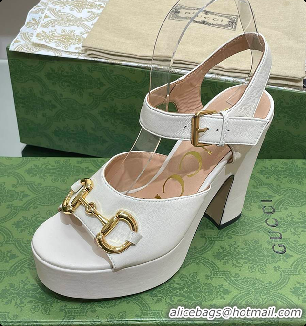 Pretty Style Gucci Horsebit Leather Platform Sandals White 60701504