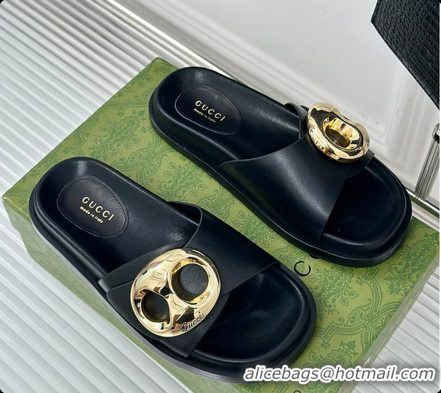 Top Grade Gucci Marina Chain Slide Sandals in Black 60701510