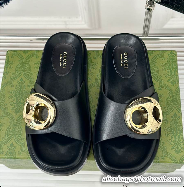 Top Grade Gucci Marina Chain Slide Sandals in Black 60701510