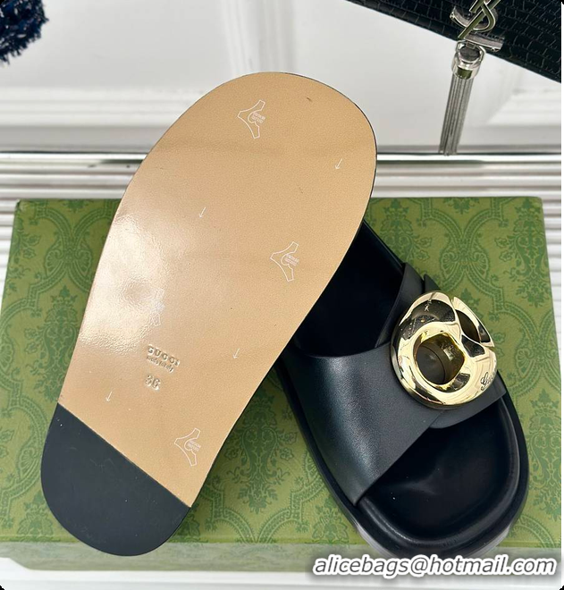Top Grade Gucci Marina Chain Slide Sandals in Black 60701510