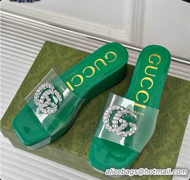 Pretty Style Gucci Crystal-Embellished Transparent High Slides Green 60701603