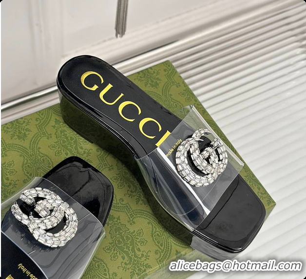 Luxurious Gucci Crystal-Embellished High Slides Black 60701603