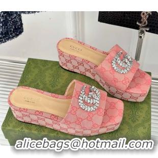 Luxury Cheap Gucci CC Crystal-Embellished High Slides Pink 60701604