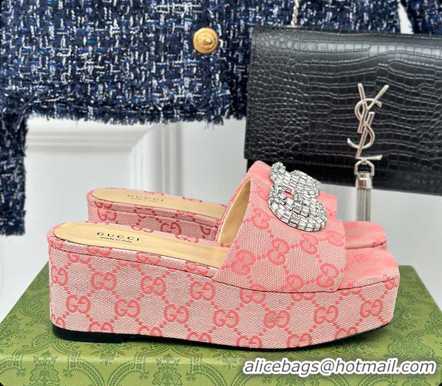 Luxury Cheap Gucci CC Crystal-Embellished High Slides Pink 60701604