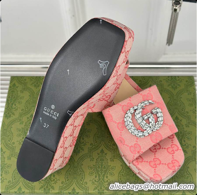 Luxury Cheap Gucci CC Crystal-Embellished High Slides Pink 60701604