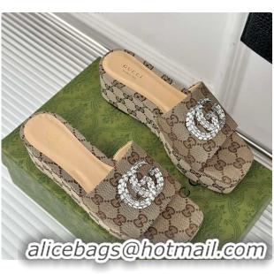 Luxury Gucci CC Crystal-Embellished High Slides Brown 60701604