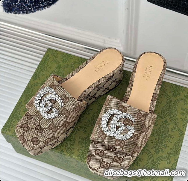 Luxury Gucci CC Crystal-Embellished High Slides Brown 60701604