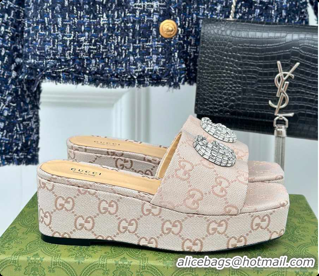 Top Grade Gucci CC Crystal-Embellished High Slides Beige 60701604