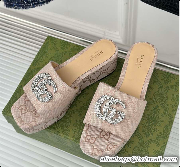 Top Grade Gucci CC Crystal-Embellished High Slides Beige 60701604