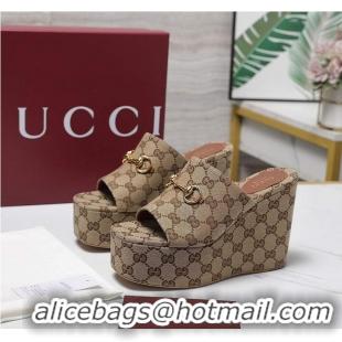 Promotional Gucci GG Canvas Women Wedge Slides Sandal 12cm With Horsebit 816328 Beige