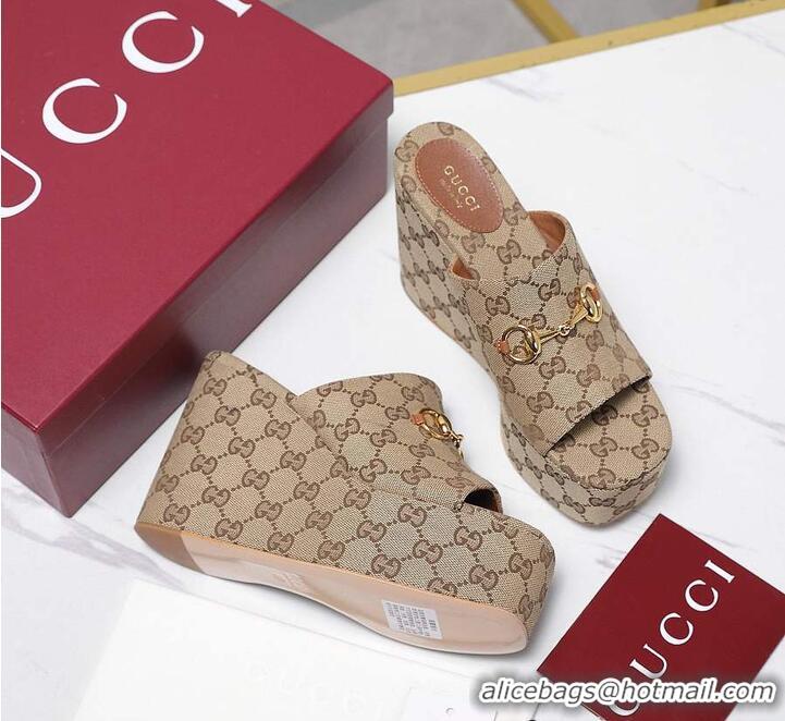 Promotional Gucci GG Canvas Women Wedge Slides Sandal 12cm With Horsebit 816328 Beige