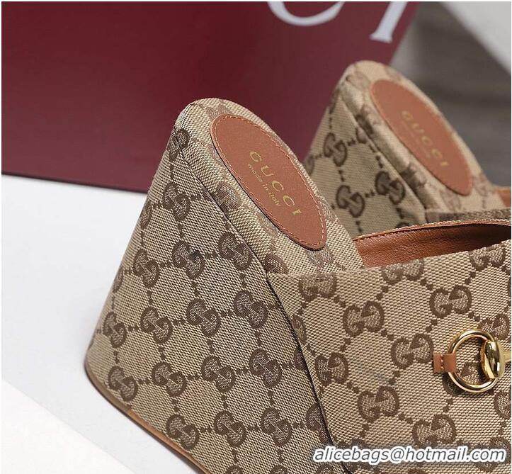 Promotional Gucci GG Canvas Women Wedge Slides Sandal 12cm With Horsebit 816328 Beige