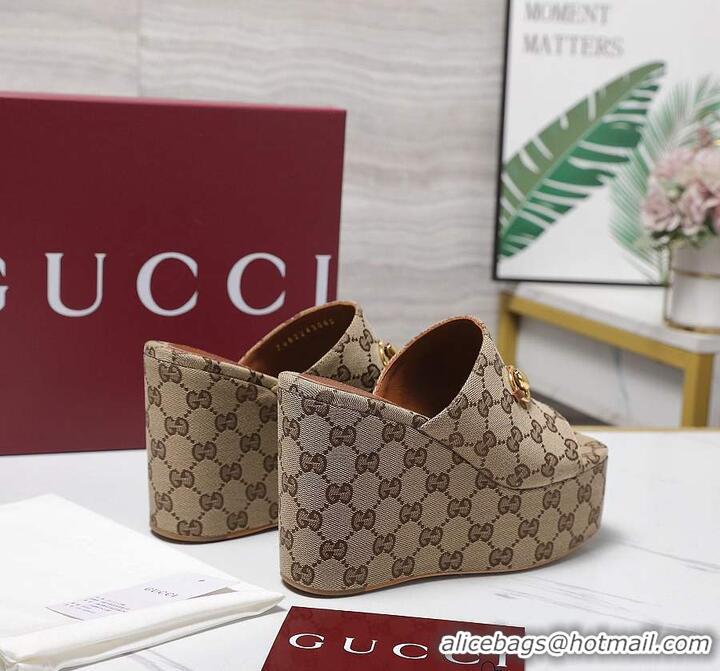 Promotional Gucci GG Canvas Women Wedge Slides Sandal 12cm With Horsebit 816328 Beige