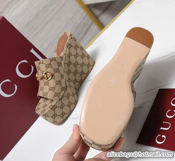 Promotional Gucci GG Canvas Women Wedge Slides Sandal 12cm With Horsebit 816328 Beige