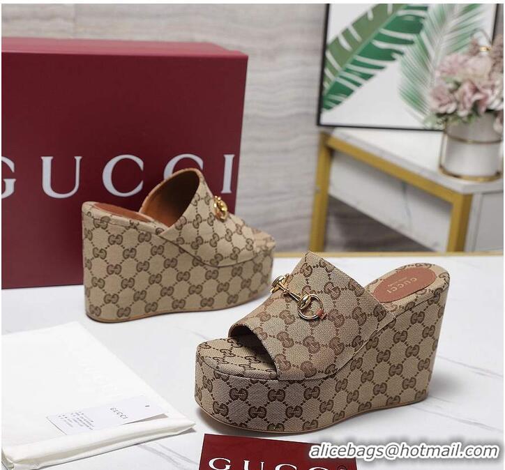 Promotional Gucci GG Canvas Women Wedge Slides Sandal 12cm With Horsebit 816328 Beige