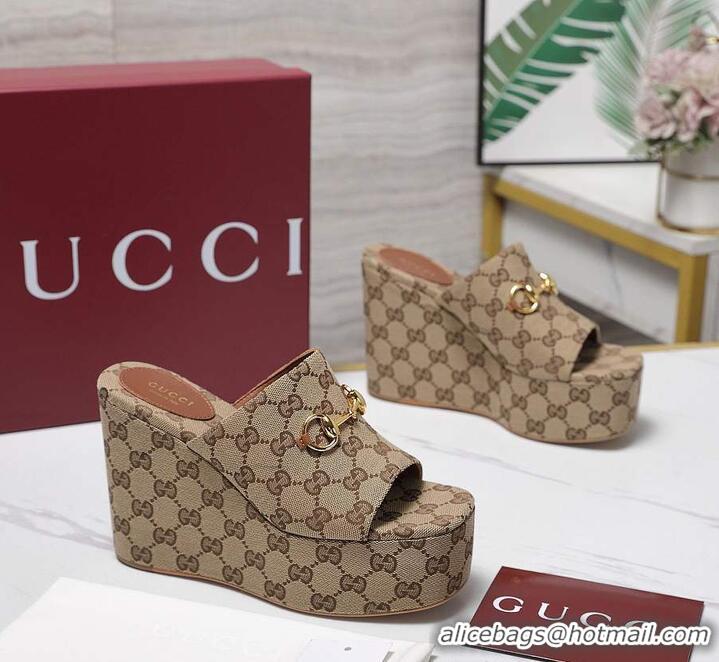 Promotional Gucci GG Canvas Women Wedge Slides Sandal 12cm With Horsebit 816328 Beige