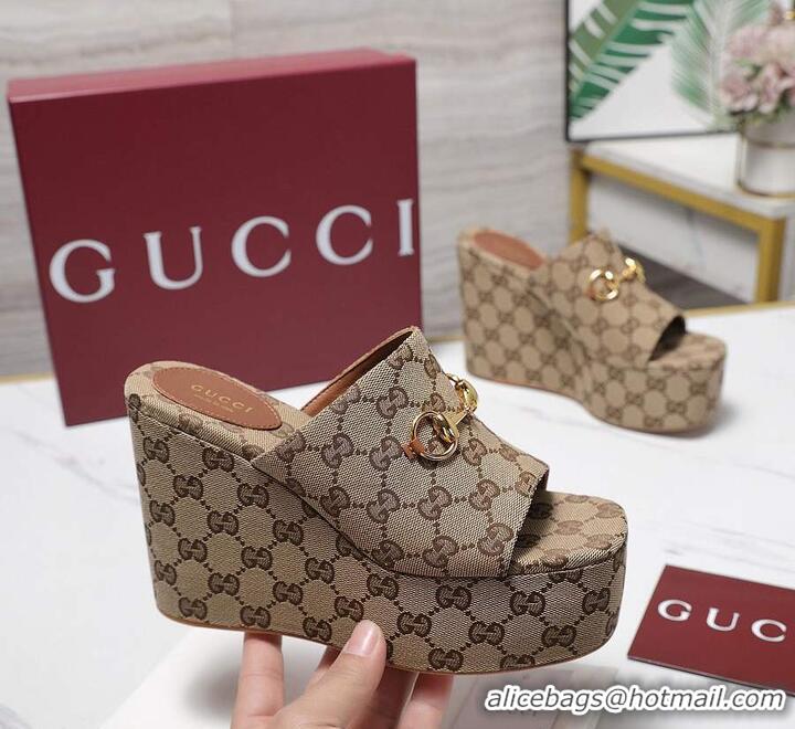 Promotional Gucci GG Canvas Women Wedge Slides Sandal 12cm With Horsebit 816328 Beige