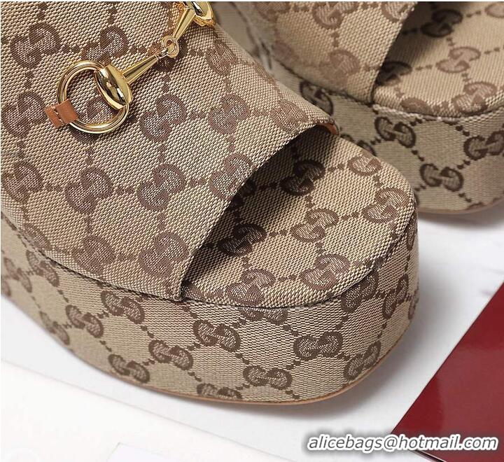Promotional Gucci GG Canvas Women Wedge Slides Sandal 12cm With Horsebit 816328 Beige