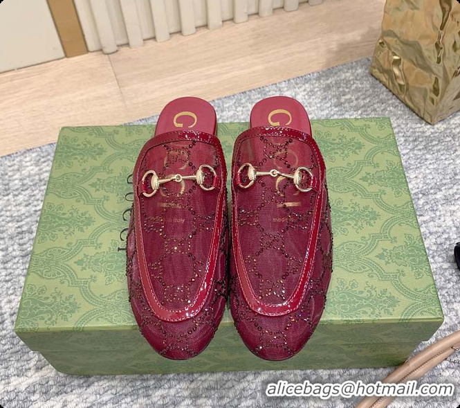 Stylish Gucci Horsebit Crystal Mule Loafers Red 60702002