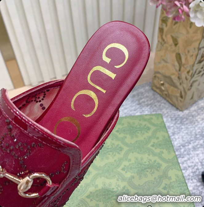 Stylish Gucci Horsebit Crystal Mule Loafers Red 60702002