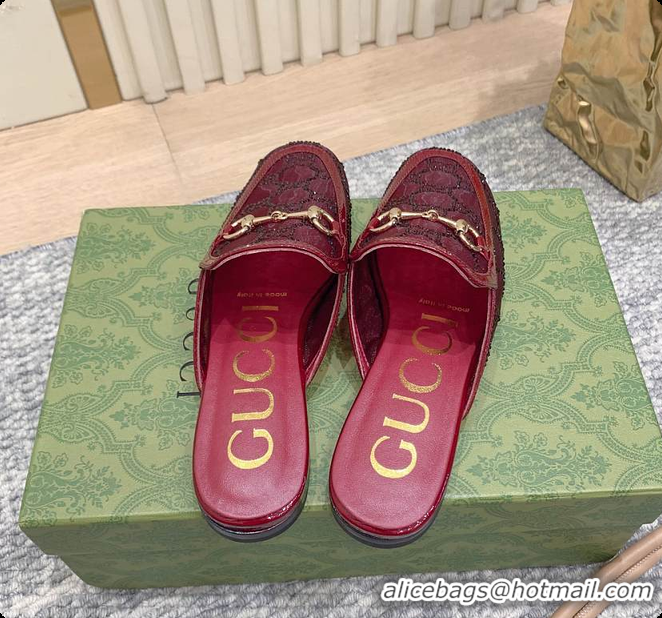 Stylish Gucci Horsebit Crystal Mule Loafers Red 60702002