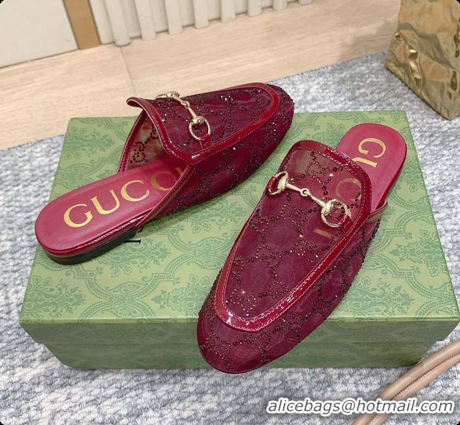 Stylish Gucci Horsebit Crystal Mule Loafers Red 60702002