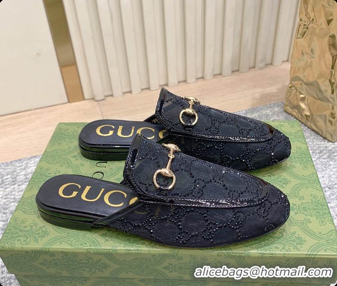 Popular Style Gucci Horsebit Crystal Mule Loafers Black 60702002