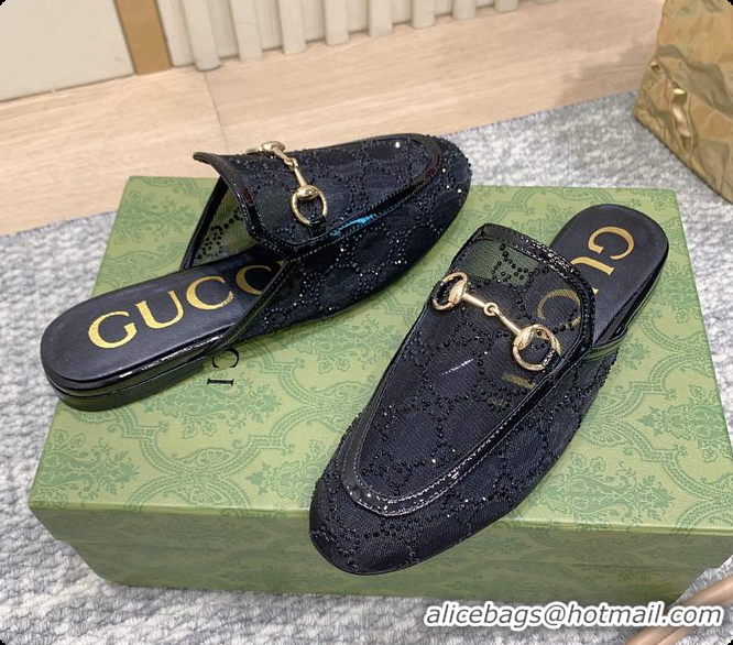 Popular Style Gucci Horsebit Crystal Mule Loafers Black 60702002
