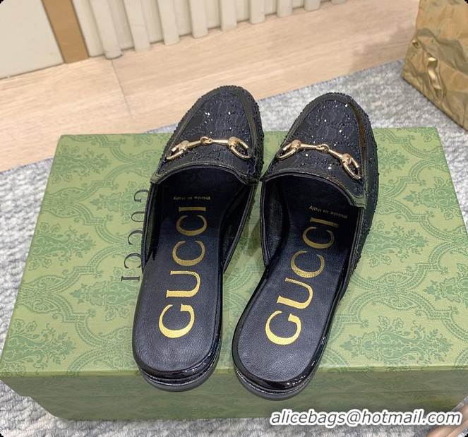 Popular Style Gucci Horsebit Crystal Mule Loafers Black 60702002