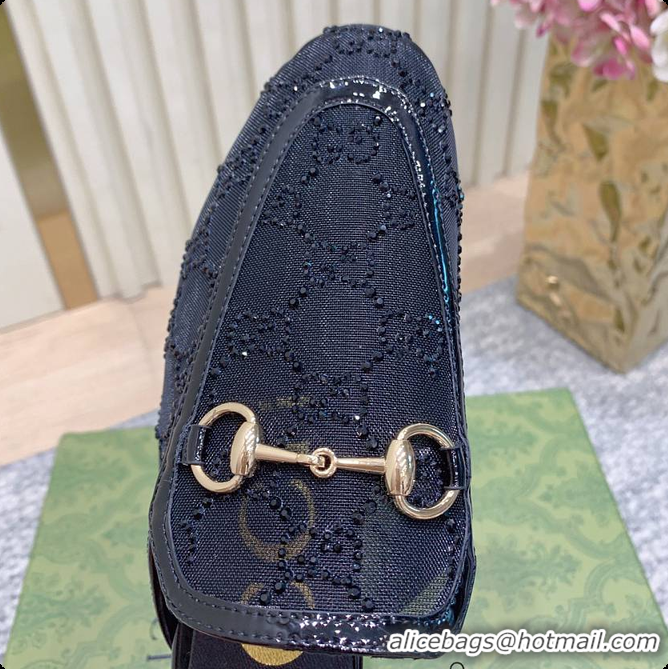 Popular Style Gucci Horsebit Crystal Mule Loafers Black 60702002