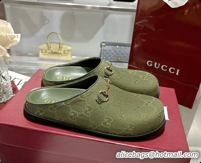Luxurious Gucci Horsebit Mule in Green GG Canvas 60702007