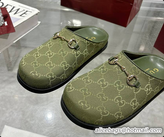 Luxurious Gucci Horsebit Mule in Green GG Canvas 60702007