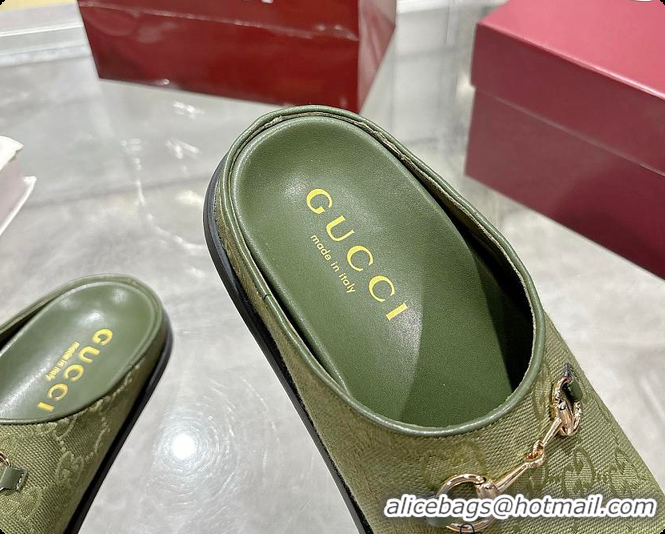 Luxurious Gucci Horsebit Mule in Green GG Canvas 60702007