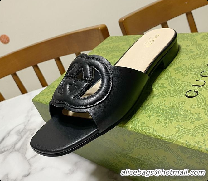 Purchase Gucci Slide Sandal with Interlocking G Black Leather 60702010